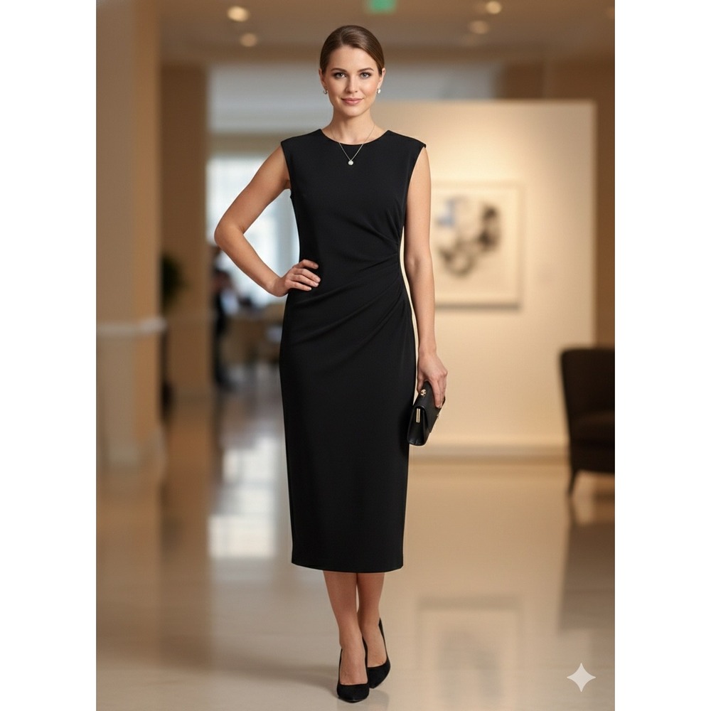 Alex Marie Black Ruched Side V-Back Sleeveless Sheath Midi Dress Size 6